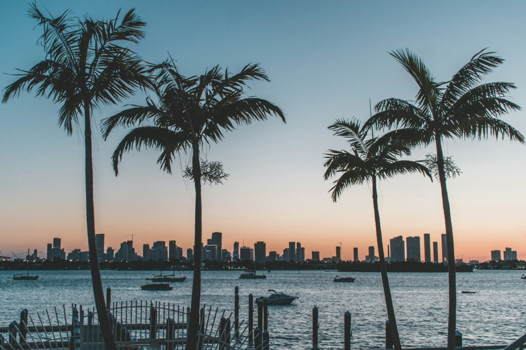 Miami, Florida. Palm trees sit in the foreground and boats float in the harbor. The skyline of the city sits in the background as the sun sets behind them.